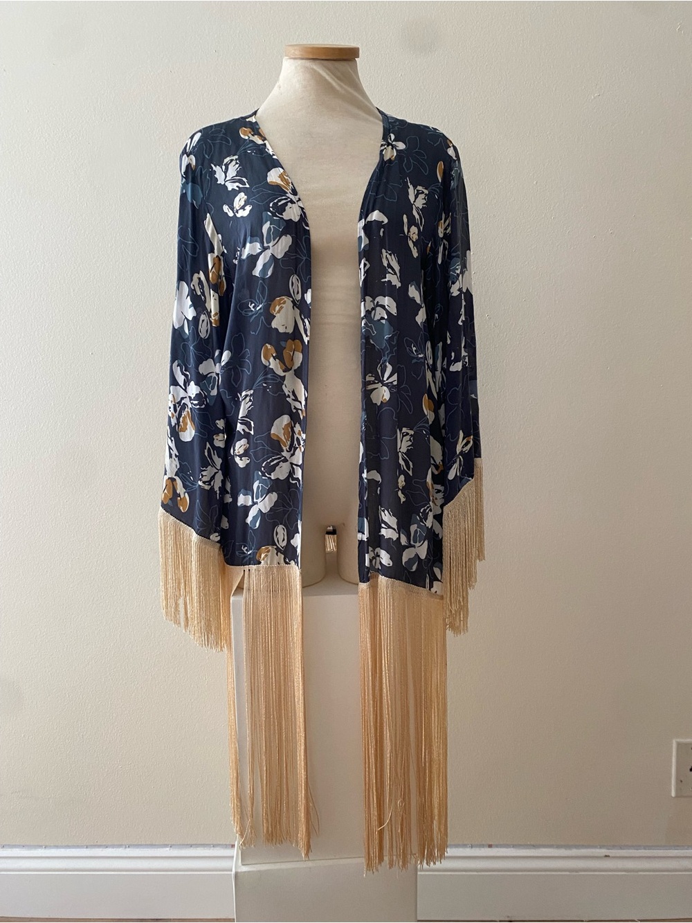 Navy Floral Fringe Kimono Jacket with Cream Fringe Trim